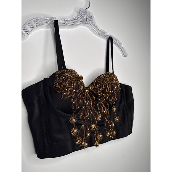 Beaded sequin 3D floral Crop bustier bra top gold black removable straps large - Picture 14 of 16